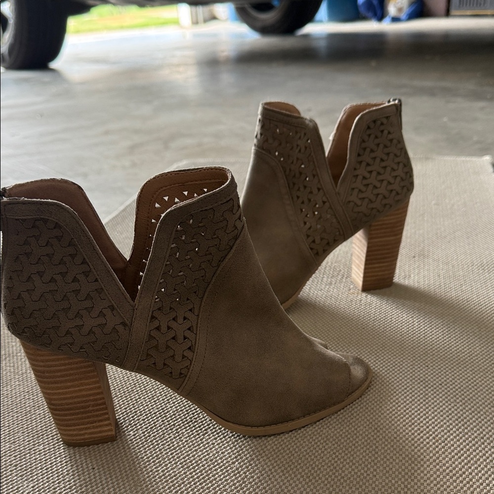 Taupe Suede Peep-Toe Cutout Block Heel Booties - Women's